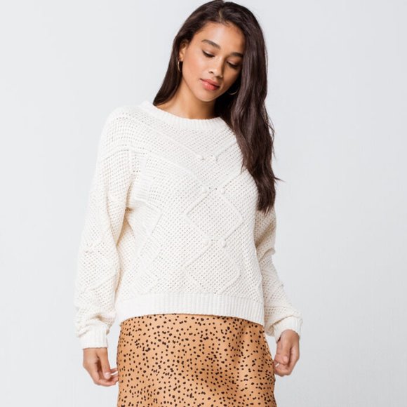 Soft Chenille Beach Sweater Pom Accent Color Cream - Picture 8 of 11